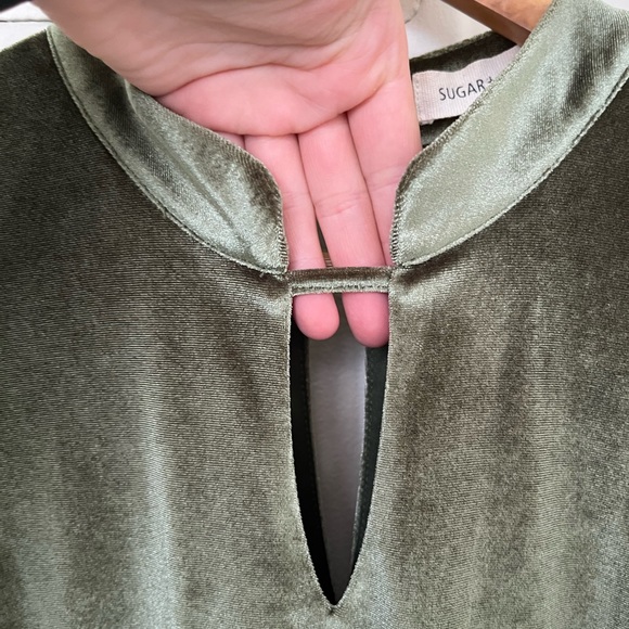 Sugar + Lips Olive Stretch Velvet Velour Fitted Mini Dress with Mandarin Collar - Picture 3 of 9